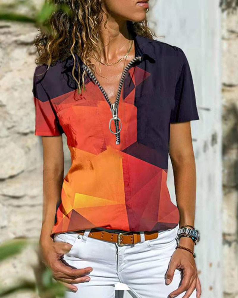 

Geo Print Colorblock Zip Front Casual T-shirt, Orange