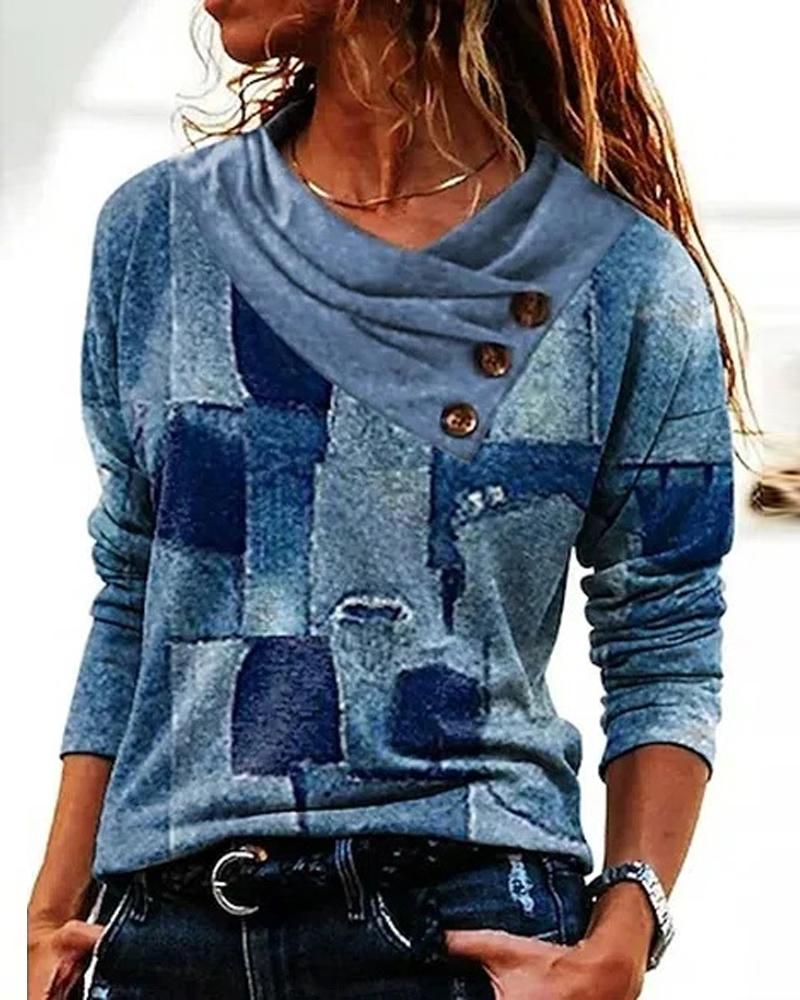 

Denim Look Print Button Detail Long Sleeve Top, Blue
