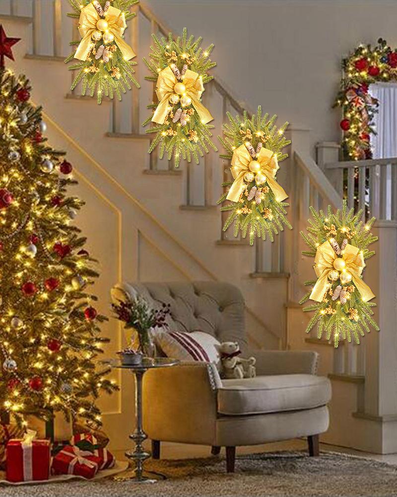 1 pièces pics de pin artificiels de noël guirlande de Swag couronne de pommes de pin décor de nœud papillon décoration suspendue de noël d'escalier avec des lumières LED