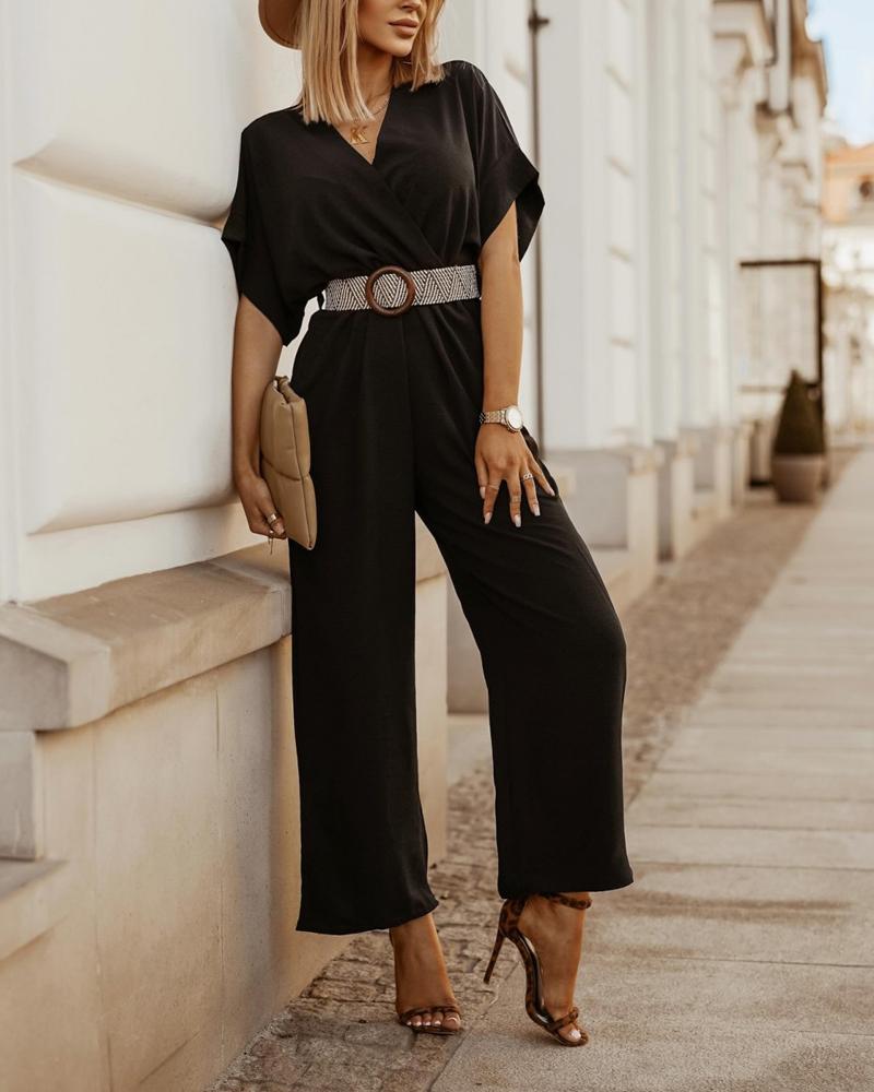 

V-Neck Half Sleeve Jumpsuit With Belt, Black