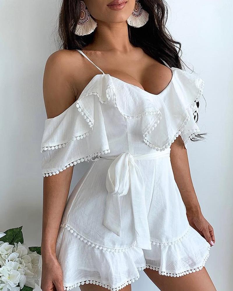 

Cold Shoulder Ruffles Pom Pom Romper, White
