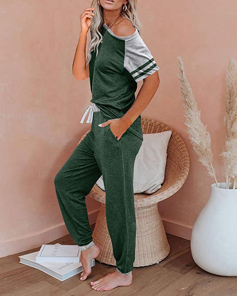 

Patchwork Design Short Sleeve Top & Pants Set, Green