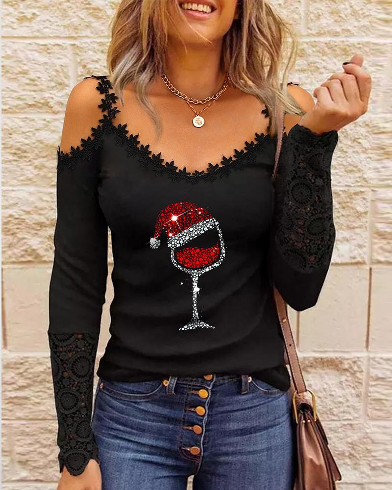 

Christmas Wine Glass Print Contrast Lace Cold Shoulder Top, Black