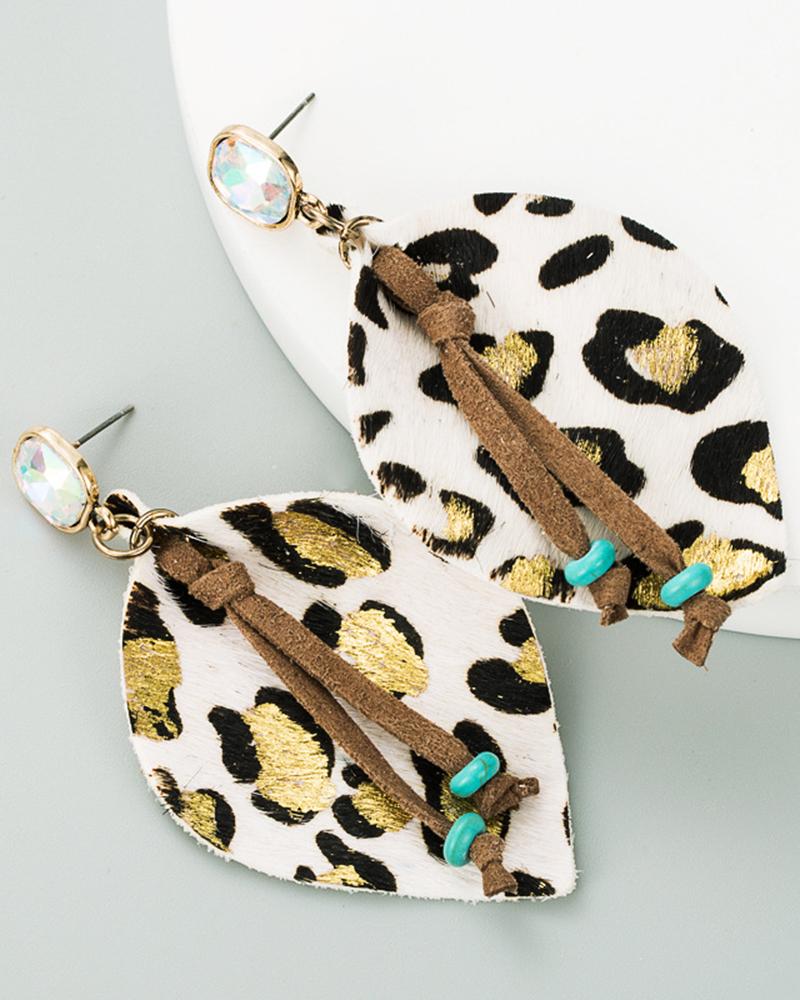 

1Pair Leopard Print Leaf Shaped Drop Earrings, White