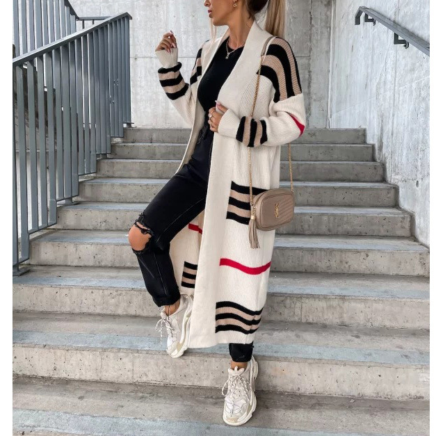 

Striped Open Front Longline Knit Cardigan, Beige