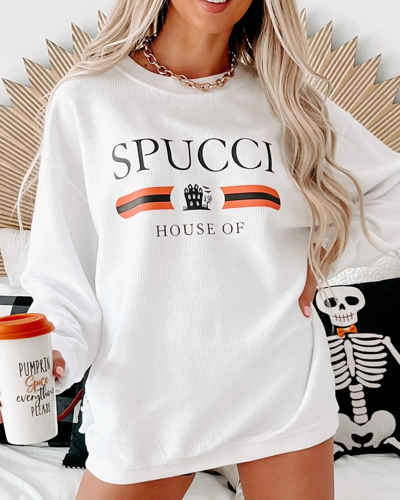 

Halloween Castle Letter Print Long Sleeve Sweatshirt, White