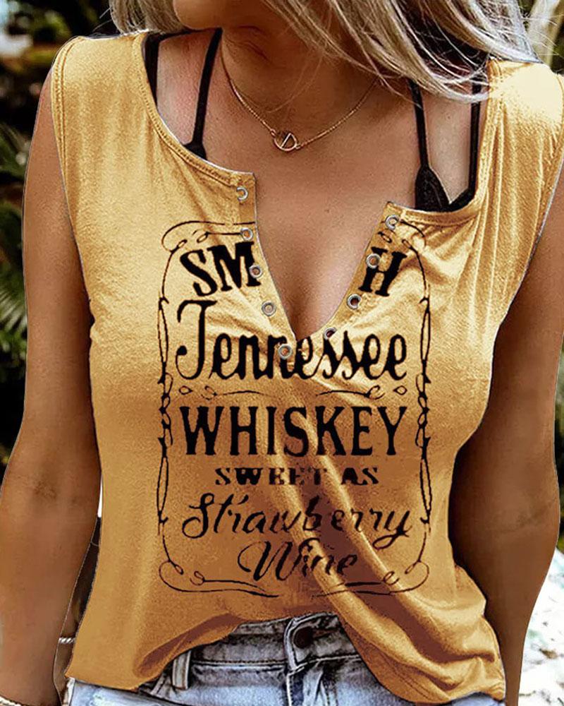 

Letter Print Eyelet Decor Casual Tank Top, Yellow