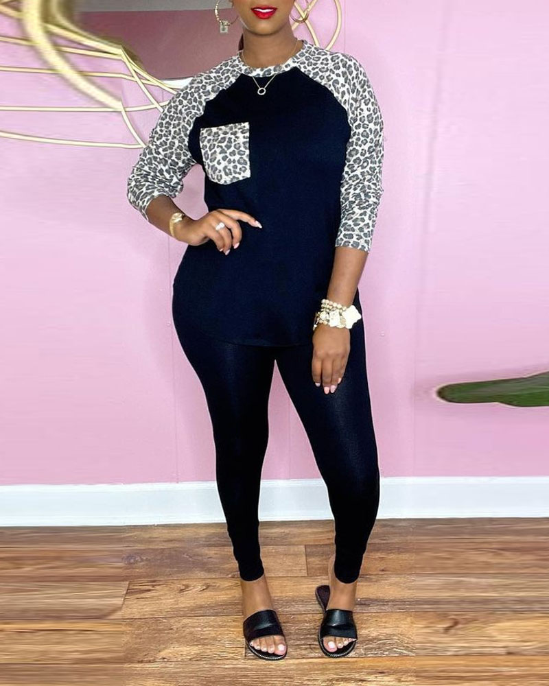 

Leopard Patch Raglan Sleeve Top & Pants Set, Black