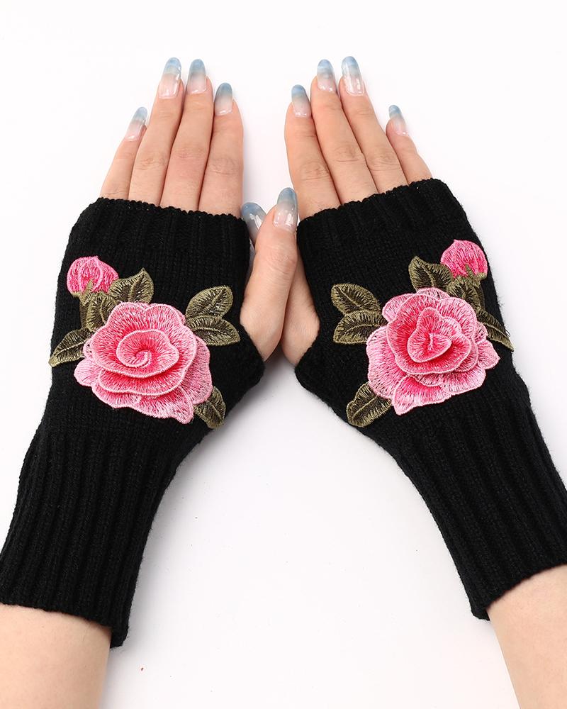 1Pair Floral Embroidery Fingerless Winter Knit Warm Gloves