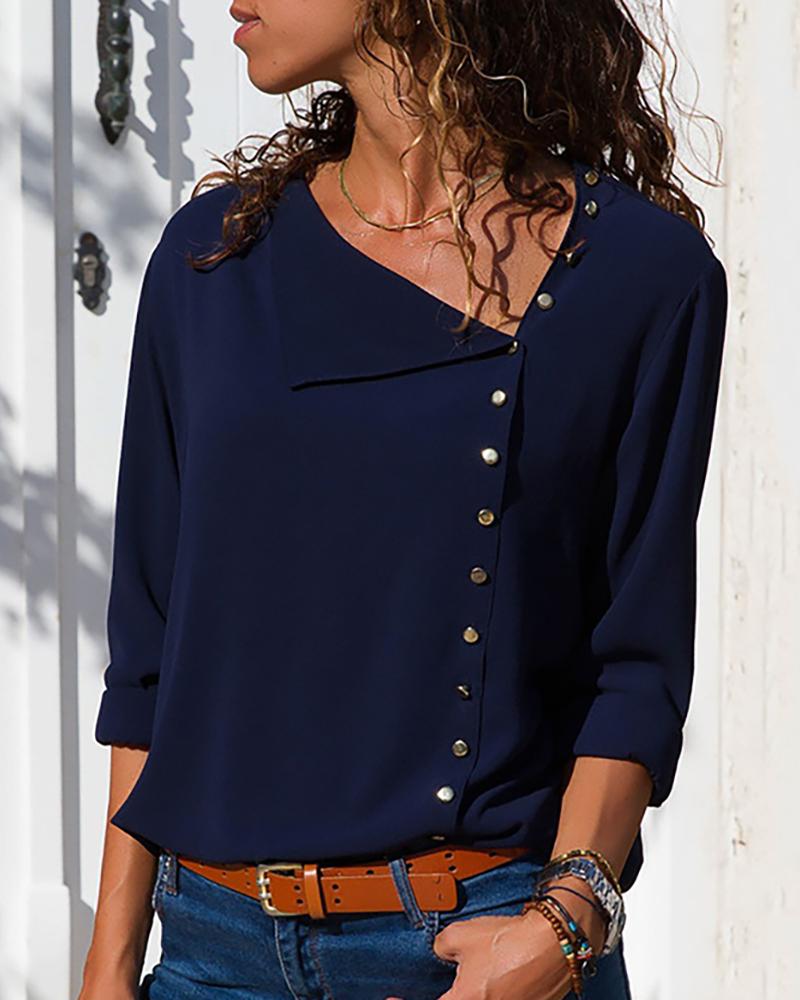 

Solid Button Embellished Casual Blouse, Dark blue
