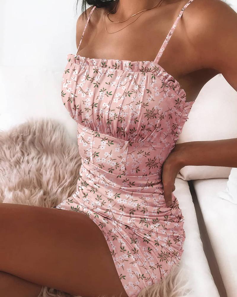 

Floral Print Ruched Ruffles Mini Dress, Pink