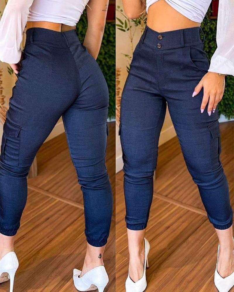 

High Waist Pocket Detail Skinny Pants, Dark blue