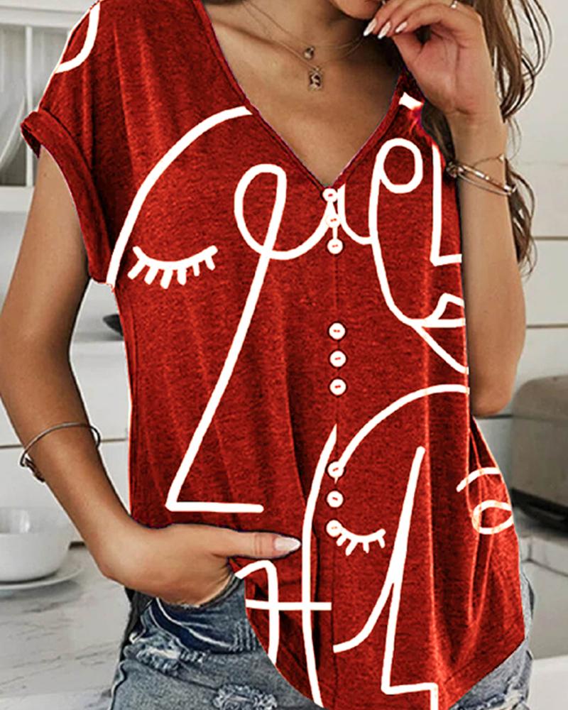 

V-neck Button Front Figure Print T-short, Wine red