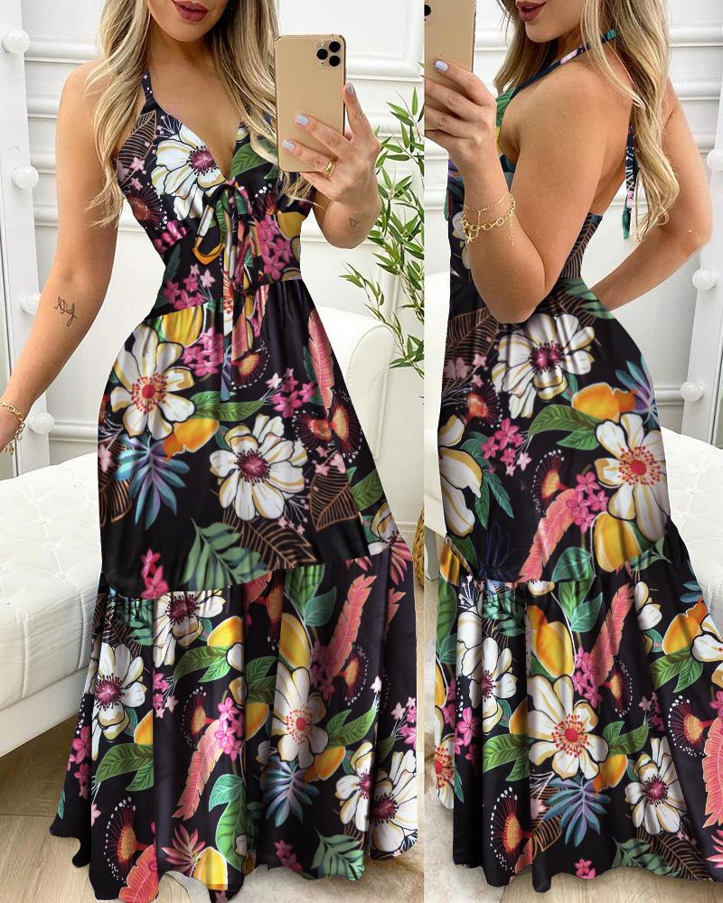 

Floral Print Halter Ruffle Hem Maxi Dress, Multicolor