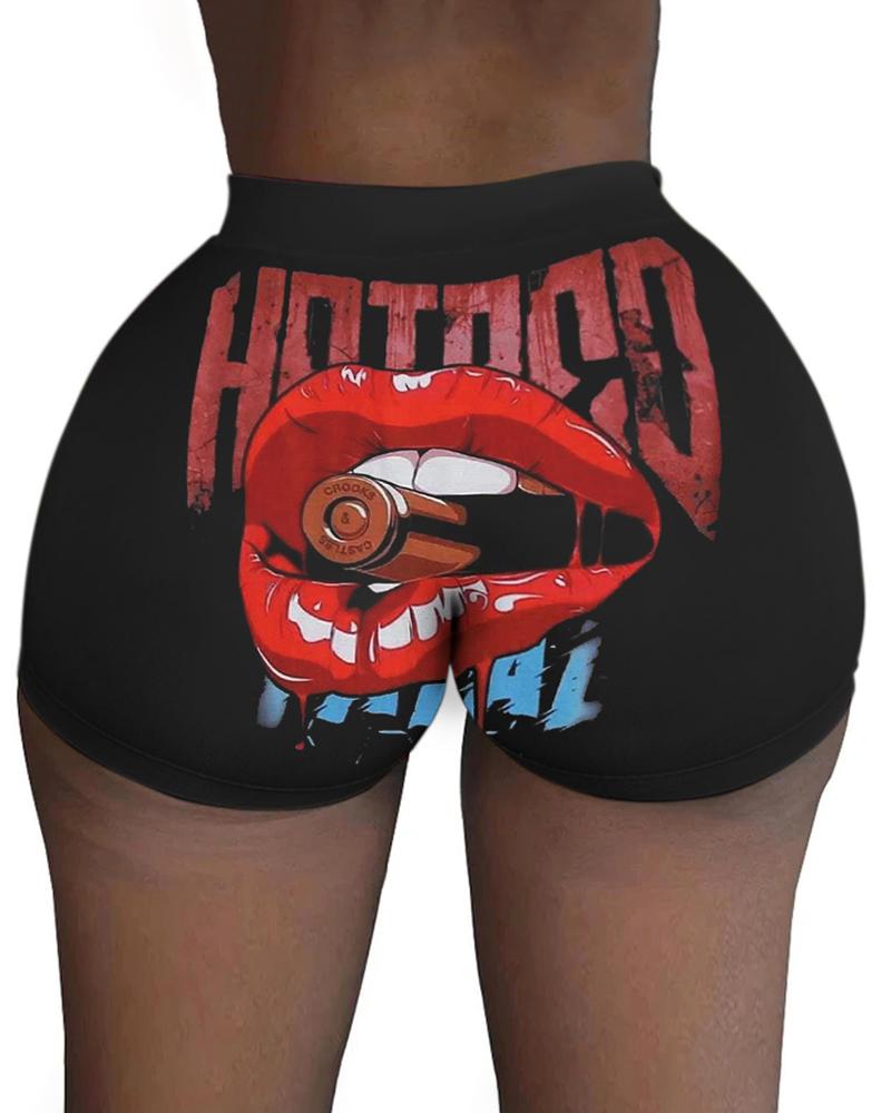 

Lip Letter Print High Waist Casual Shorts, Black