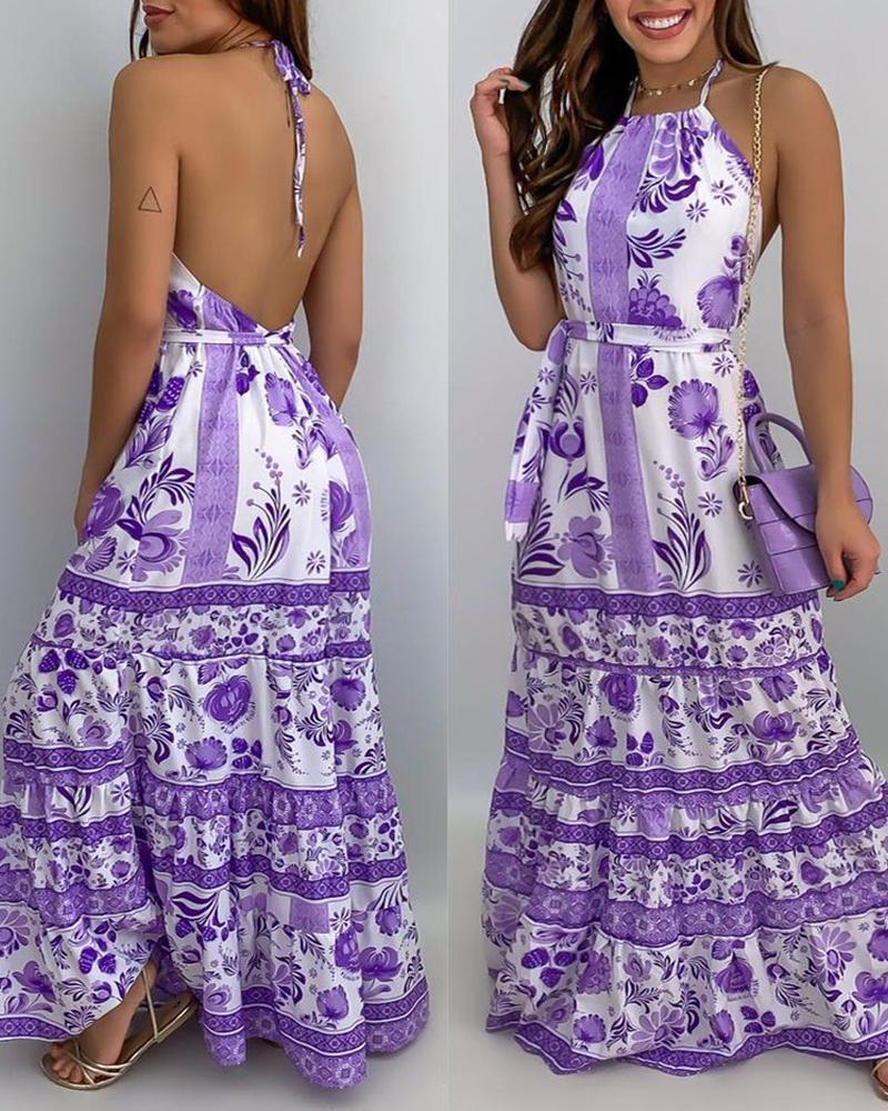 

Floral Print Halter Backless Maxi Women Dress, Purple