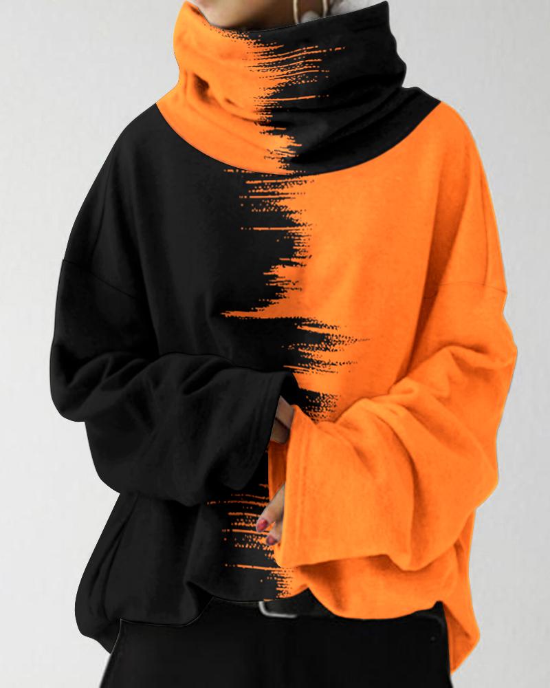 

Colorblock Long Sleeve High Neck Casual Top, Orange