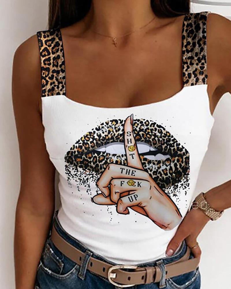 

Cheetah Lip Slogan Print Sleeveless Top, White