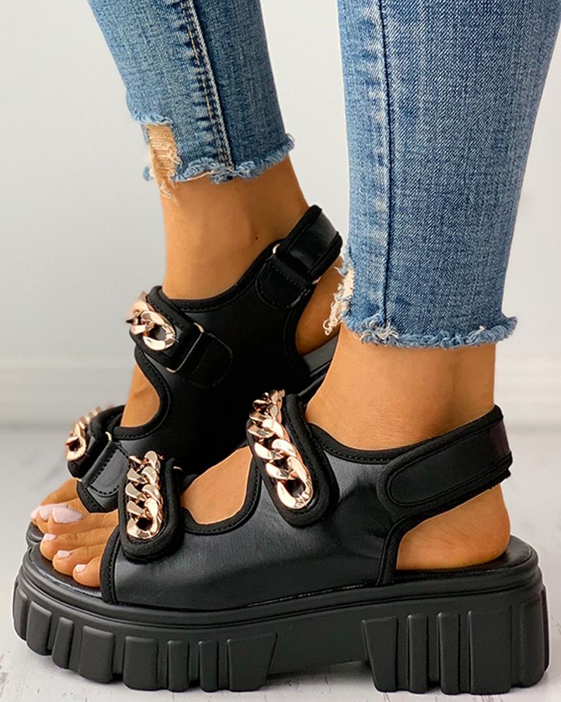 

Velcro Chain Decor Platform Sandals, Black