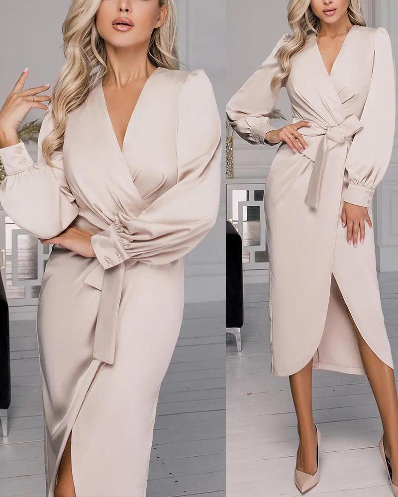 

Long Sleeve Slit Shirt Dress With Belt, Khaki
