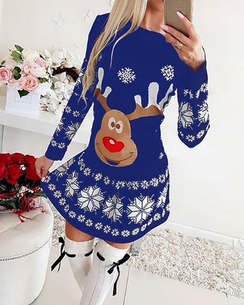 

Christmas Elk Snowflake Print Long Sleeve Casual Dress, Blue