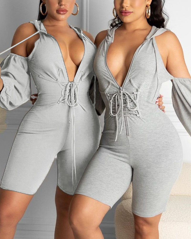 

Lace-up Zip Front Cold Shoulder Hooded Romper, Gray