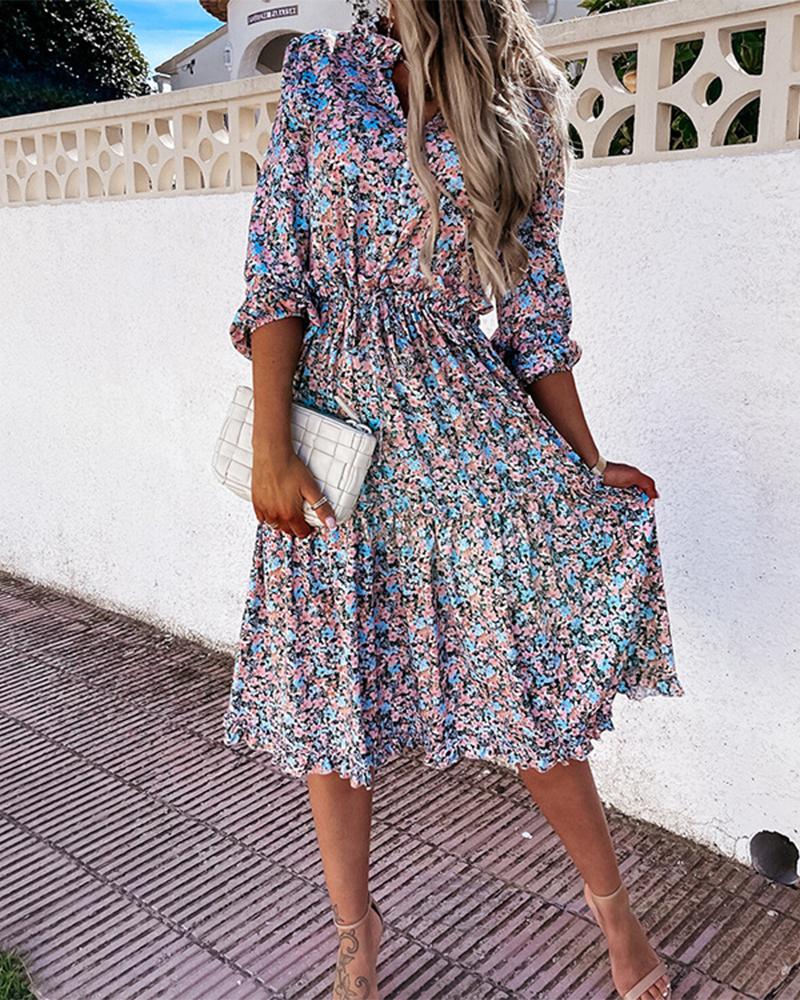 

Ditsy Floral Print V-Neck Frill Hem Casual Dress, Blue