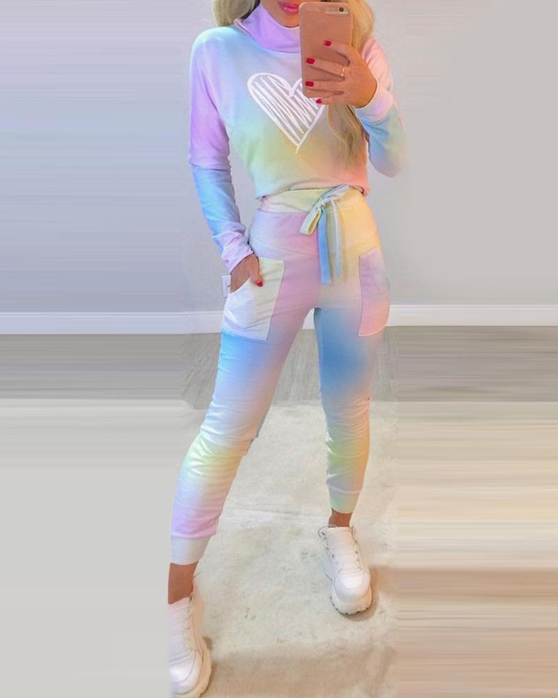 

Ombre Heart Print Top & Pocket Design Pants Set, Multicolor