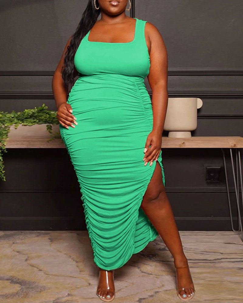 

Plus Size Sleeveless Ruched Split Hem Bodycon Dress, Green