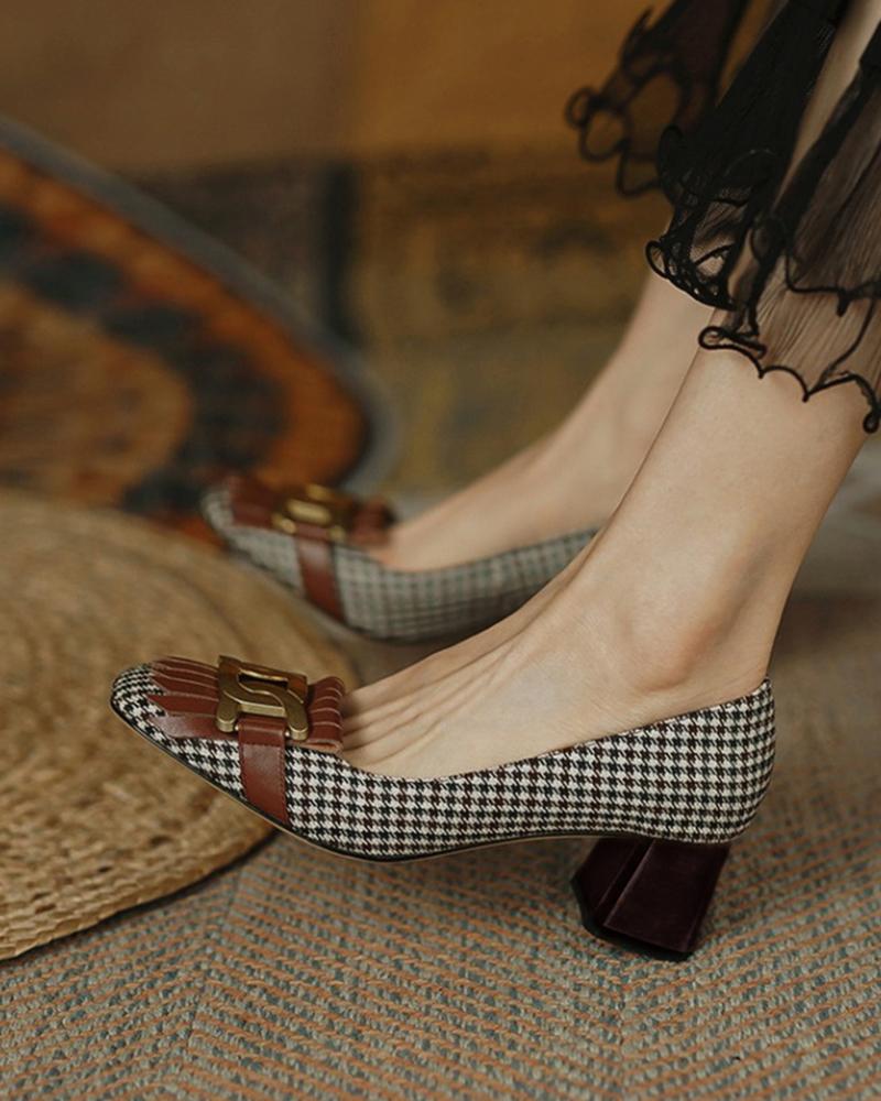 

Square Toe Houndstooth Print Tassel Buckle Chunky Heels, Brown