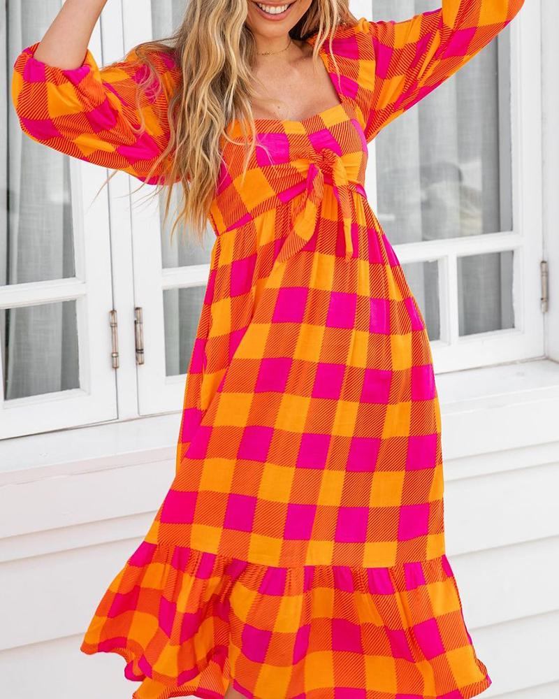 Plaid Print Colorblock Puff Sleeve Ruffles Casual Dress