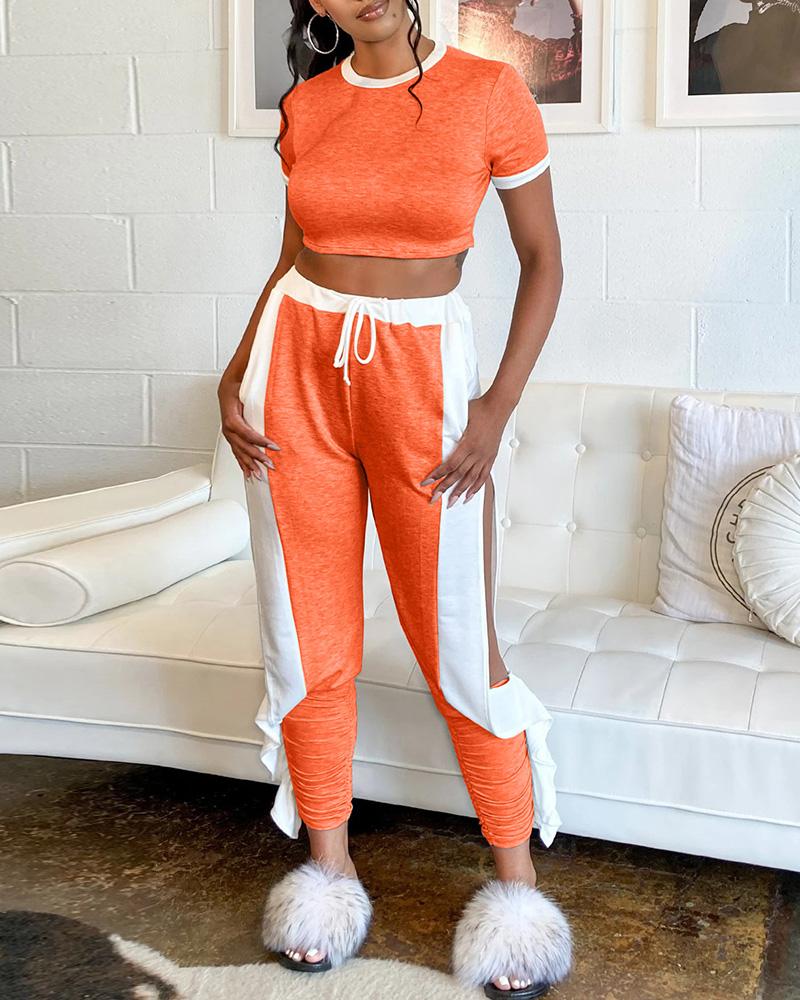 

Contrast Binding Crop Top & Slit Ruffles Pants Set, Orange