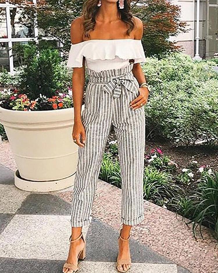 

Striped Print Tied Detail Casual Pants, Gray