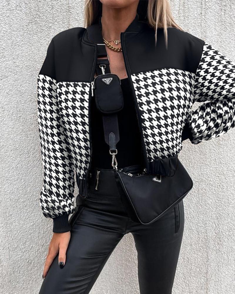 

Houndstooth Print Long Sleeve Zip Up Jacket, White