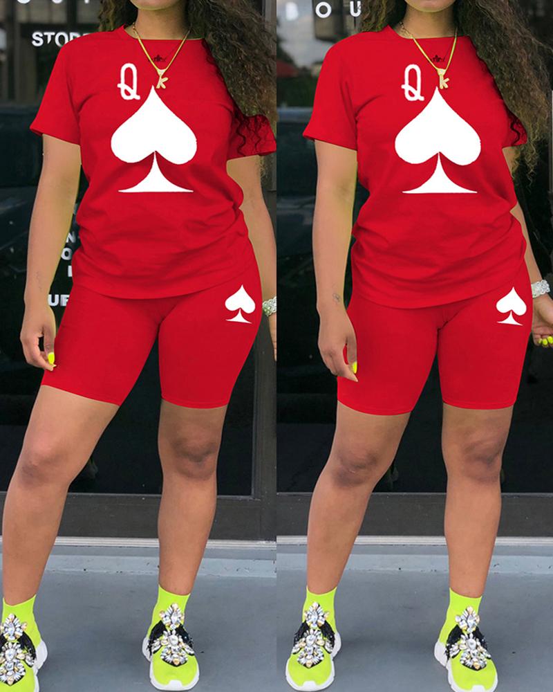 

Poker Print Short Sleeve Top & Skinny Shorts Set, Red