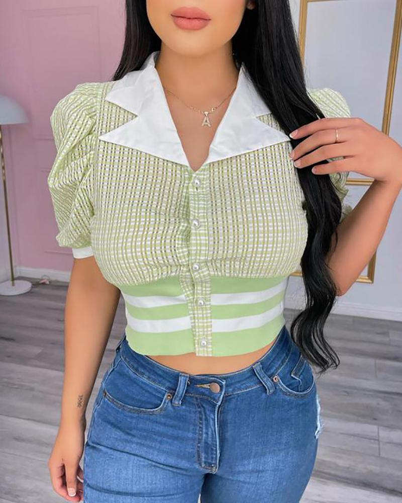 

Puff Sleeve Plaid Colorblock Crop Top, Green