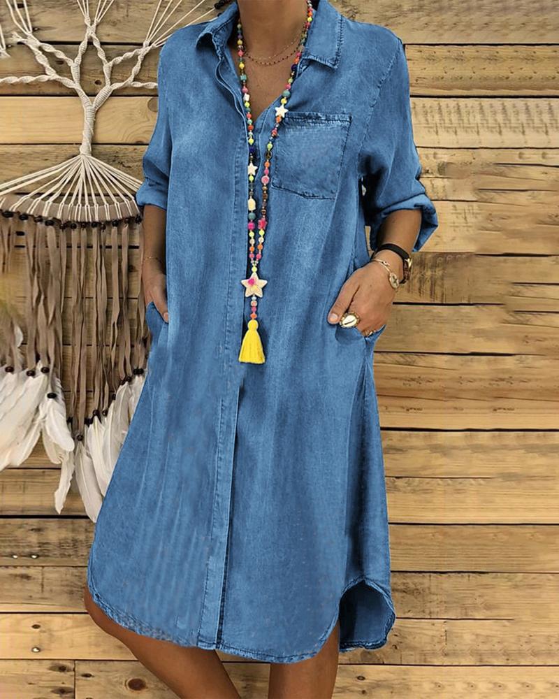 

Long Sleeve Button Down Denim Dress, Blue