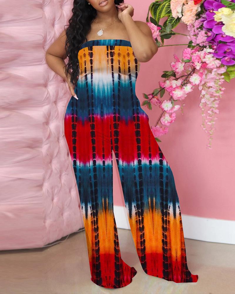 

Tie Dye Print Bandeau Wide Leg Jumpsuit, Red