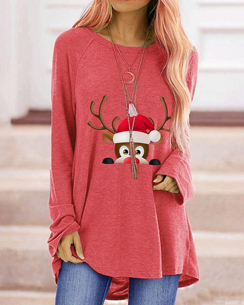 

Christmas Reindeer Print Long Sleeve Top, Pink