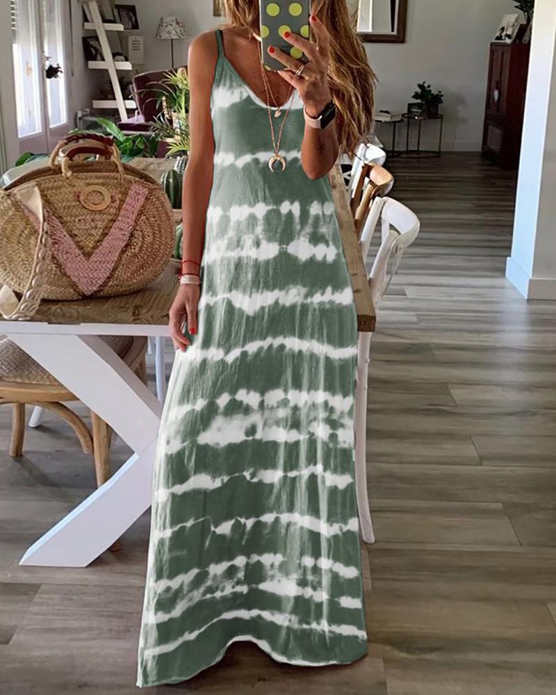 

V-Neck Tie Dye Print Casual Maxi Dress, Green