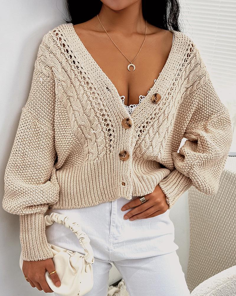 

Lantern Sleeve Hollow Out Cardigan, Beige