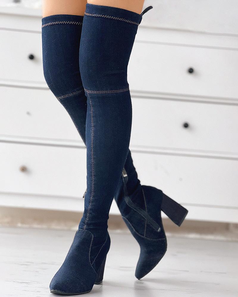

Contrast Piping Over The Knee Boots, Dark blue