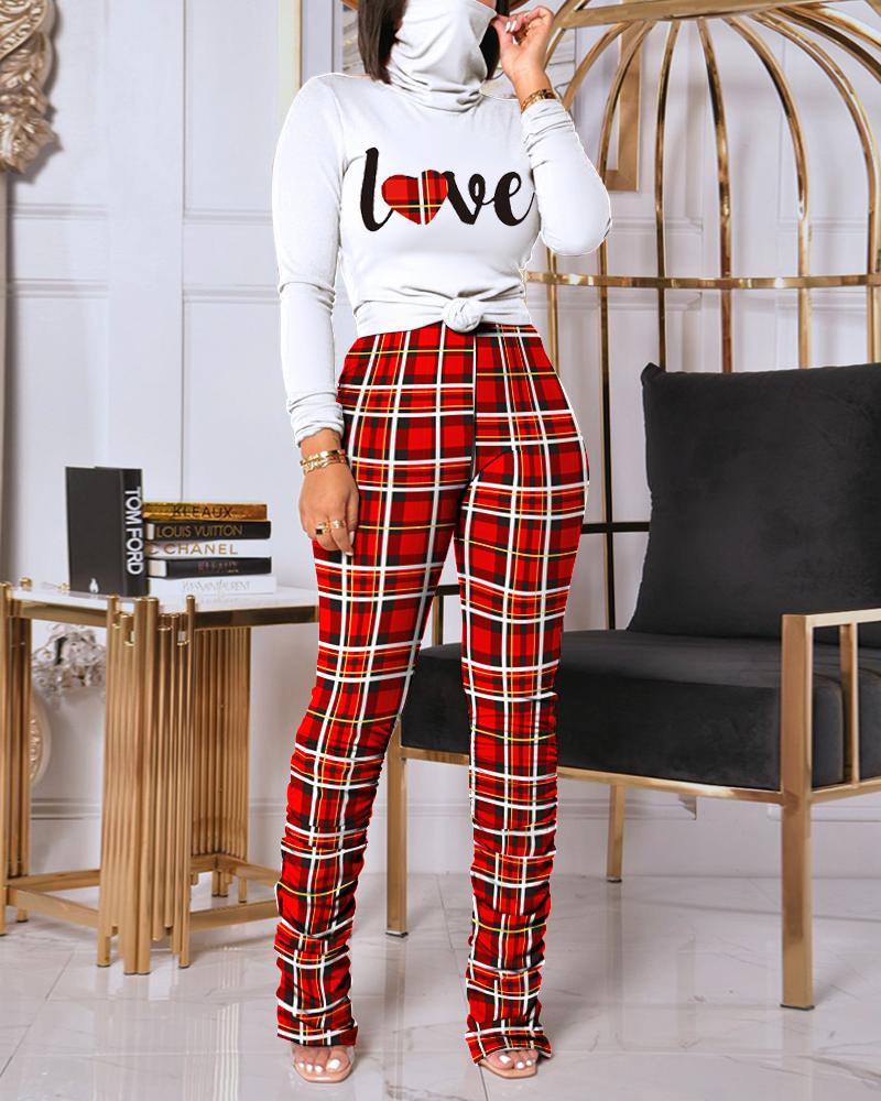 

Letter Print High Neck Top & Stacked Plaid Pants Set, Red