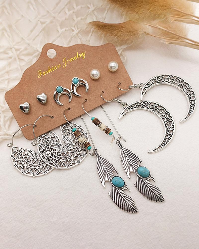 

6Pairs Moon & Feather & Beaded Vintage Earrings Set, Silver