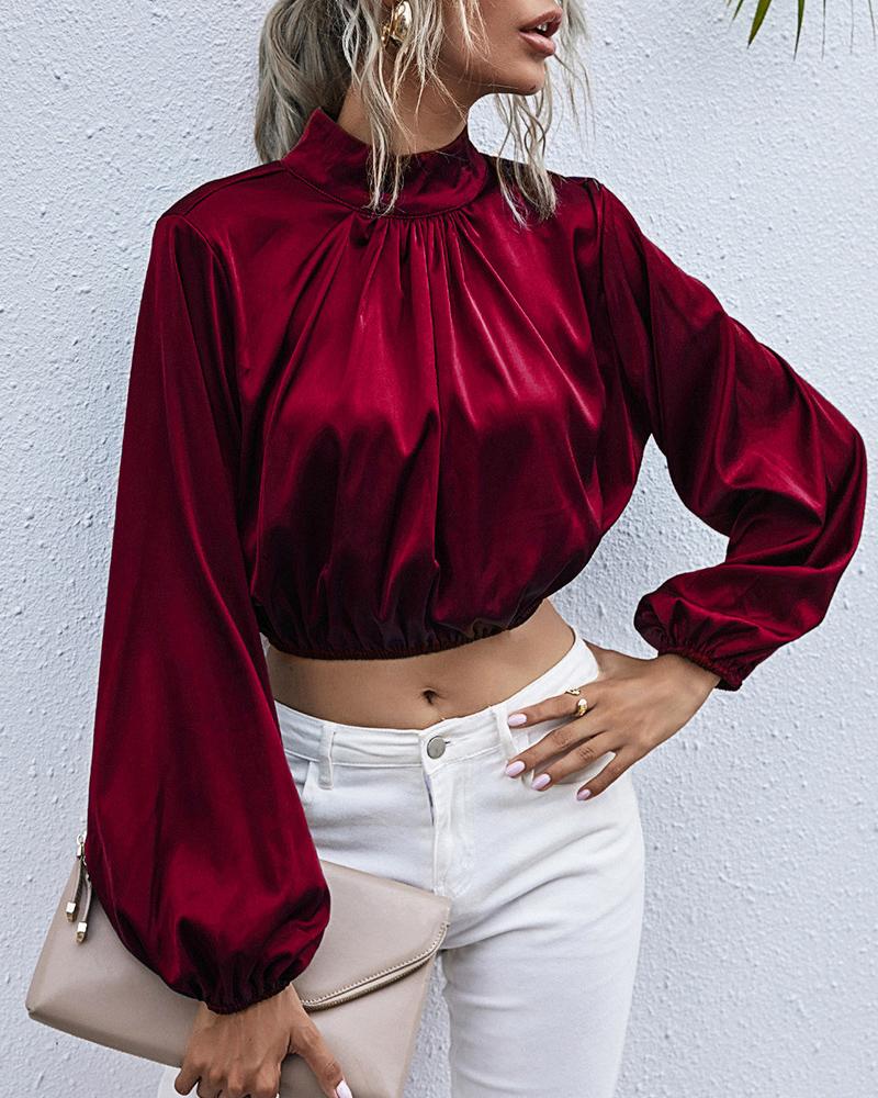 

Lantern Sleeve Keyhole Back Crop Top, Wine red