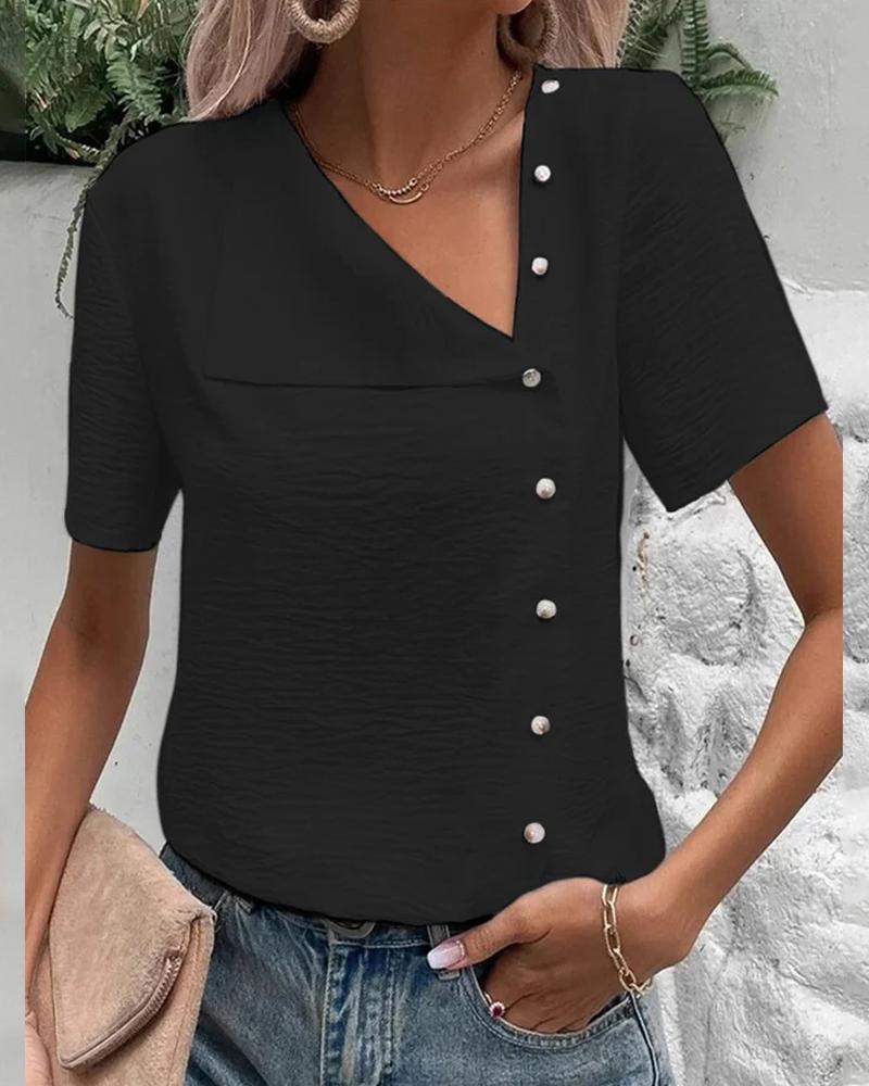 

Asymmetrical Neck Button Front T-shirt, Black