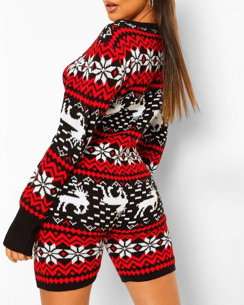 

Christmas Deer Snowflake Print Long Sleeve Knit Romper, Dark red