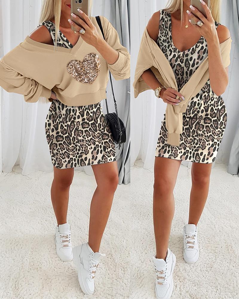 

2 Piece Contrast Sequin Heart Pattern V-Neck Sweatshirt Leopard Print Sleeveless Tank Dress Set, Apricot