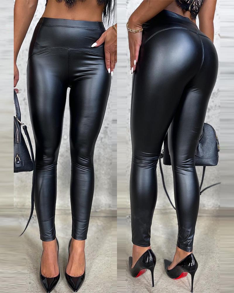 

High Waist PU Leather Skinny Pants, Black