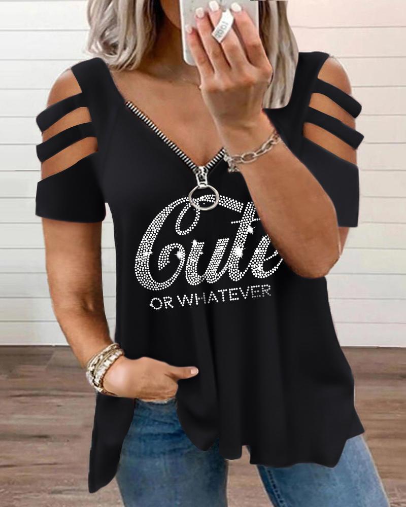 

Plus Size Rhinestone Cute Or Whatever Pattern Cutout Zipper Design T-Shirt, Black